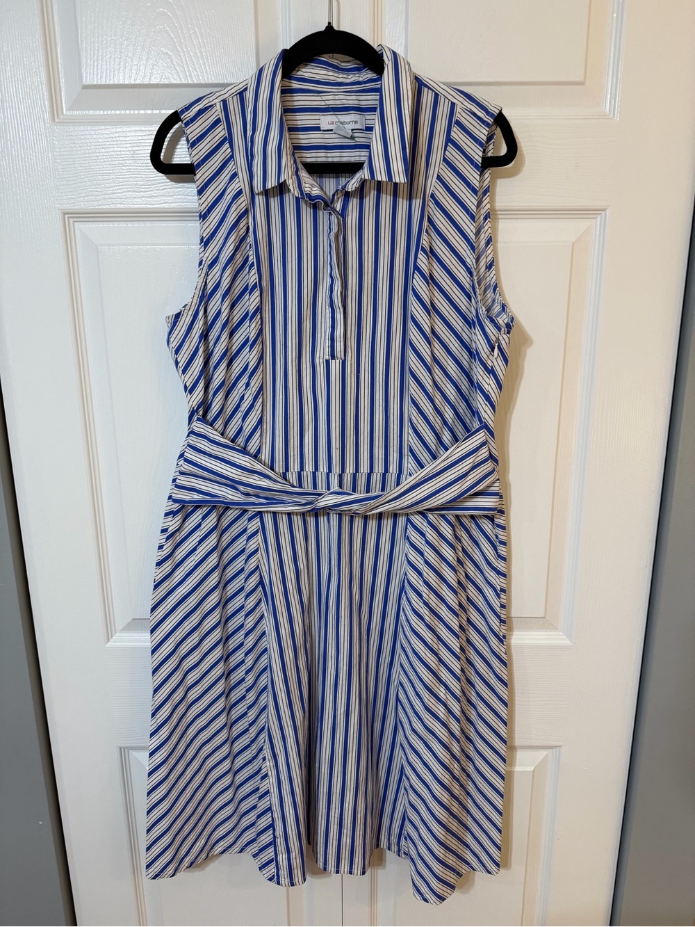Liz Claiborne Blue and White Striped Sleeveless Shirt Dress